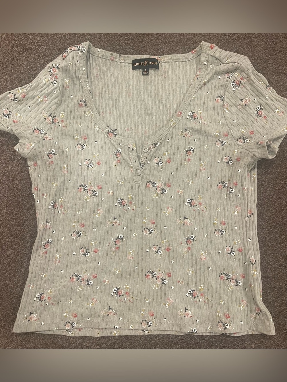 Almost Famous Sage Floral Ribbed Henley Tee